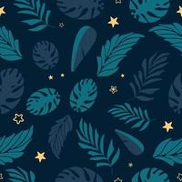 Bright vector seamless tropical pattern with monstera palm leaves and stars on a dark background. South night. For printing on fabric, clothing, wallpaper, banner background.