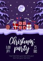 Merry Christmas party flyer. Bright vector illustration in cartoon style in violet - red colors. Lollipop, gifts, winter rose hips, holly. For advertising banner, poster, flyer.