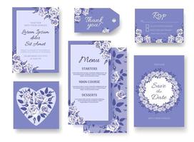 Set of bright modern wedding templates. Elegant purple roses. For invitation, rsvp, save the date, frames, postcards in vintage style, design elements. vector