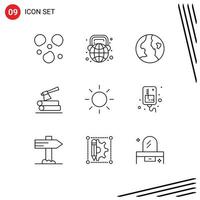 Pack of 9 Modern Outlines Signs and Symbols for Web Print Media such as drip brightness earth wood log Editable Vector Design Elements