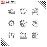 conjunto moderno de 9 esbozos pictograma de reloj tiempo silla oficina sofá elementos de diseño vectorial editables vector