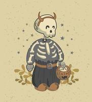 adorable esqueleto de bebé va pidiendo dulces para Halloween. truco o trato. noche, estrellas, hierba otoñal amarillenta. en estilo antiguo. para carteles, postales, pancartas, impresión en tela. vector