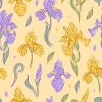 Seamless pattern of modern bright yellow and violet iris flowers. Botanical warm hand drawn style vector illustration for wallpaper, printing on fabric, wrapping