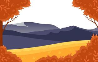 Beautiful mountain autumn landscape. Yellowing grass, cliff, trees, leaf fall. In orange gray tones. Tourism, travel and adventure. For posters, postcards, banners, site. vector