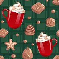 Christmas pattern. Hot chocolate with whipped cream in a red mug, praline chocolates in the form of snowflakes, stars. Green plaid in a cage. For wallpaper, printing on fabric, wrapping. vector