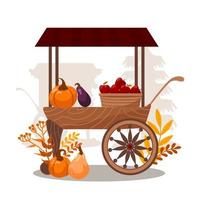 Carts with seasonal vegetables and fruits. Pumpkins, eggplants, apples in a basket. Stall counters. World Vegan Day. Autumn fairs. Vector illustration for stickers, posters, postcards, design elements