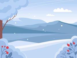 Beautiful bright winter landscape. Mountains and snow, berries. Blue sky with white clouds. Azure mirror frozen water surface of lake. Vector Illustration for background, website, posters, postcards.