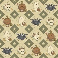 Seamless pattern of adorable halloween characters. Cute ghosts, skeleton, pumpkin and bat are caroling. Trick or treat. jack o lantern. For wallpaper, printing on fabric, wrapping, background vector