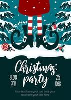 Merry Christmas party flyer. Bright vector illustration in cartoon style in green - red colors. Lollipop, gifts, striped stockings, elf shoes, holly. For advertising banner, poster, flyer.