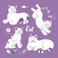 A bright set of cute white cats in different poses on a purple background. Pets in pastel colors. A ball of wool, a toy mouse, bows. For stickers, posters, postcards, design elements. In a flat style vector