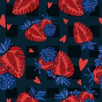 Bright seamless summer pattern. Red strawberries and hearts on a dark background in a cage. Vector illustration in cartoon style. For printing on fabric, packaging, clothing. national strawberry day.