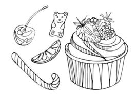 A set of delicious sweets cupcake with strawberries, gummy bear, sugar cane, fruits, cherries. National Cupcake Day. Vector doodle illustration of dessert food. For menu, cookbook, postcard, poster.