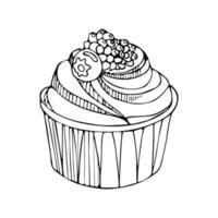 Blackberry blueberry raspberries cupcake. National Cupcake Day. Sweetest Day. Vector doodle illustration of dessert food in vintage style. For menu, cookbook, postcard, poster.