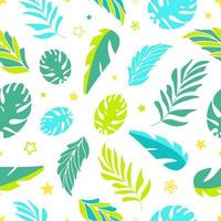 Palm leaves, monstera and stars on a white background in a flat style. Bright summer seamless tropical pattern. For printing on fabric, clothing, wallpaper, banner background vector