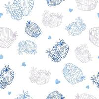 Bright seamless summer pattern. Blue strawberries and hearts in a cage on a white background. Vector illustration in doodle style. For printing on fabric, packaging, clothing. national strawberry day.
