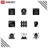 Pack of 9 Modern Solid Glyphs Signs and Symbols for Web Print Media such as security fence presentation website error Editable Vector Design Elements