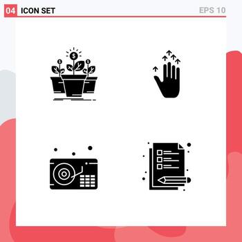 Group of 4 Solid Glyphs Signs and Symbols for growth gramophone pot hand arrow lecture Editable Vector Design Elements