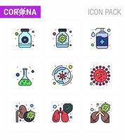 9 Filled Line Flat Color Coronavirus disease and prevention vector icon worldwide science bottle lab wash viral coronavirus 2019nov disease Vector Design Elements