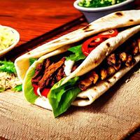 Shawarma. Doner kebab, fresh vegetables and meat. Kebab sandwich close up. photo