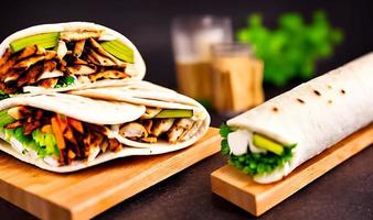 Shawarma. Doner kebab, fresh vegetables and meat. Kebab sandwich close up. photo