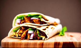 Shawarma. Doner kebab, fresh vegetables and meat. Kebab sandwich close up. photo