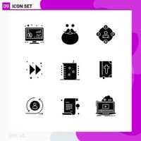 Set of 9 Vector Solid Glyphs on Grid for acid forward beared arrow media Editable Vector Design Elements