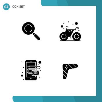 paquete de 4 signos y símbolos de glifos sólidos modernos para medios de impresión web, como búsqueda de gimnasio de bicicletas móviles, elementos de diseño de vectores editables australianos