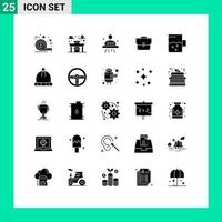 Group of 25 Modern Solid Glyphs Set for hat drink space cup suitcase Editable Vector Design Elements