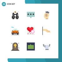 interfaz móvil conjunto de colores planos de 9 pictogramas de amor ubicación corazón ubicación cabeza transporte automóvil elementos de diseño vectorial editables vector