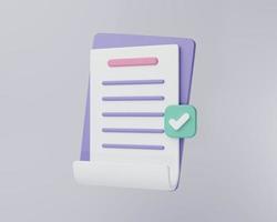 Ilustración de renderizado en 3D Gestión de tareas de portapapeles mínima de dibujos animados Lista de verificación de tareas pendientes. plan de trabajo para el éxito, lista de verificación de papel de examen, concepto de nivelación, trabajo rápido en el plan del proyecto. foto