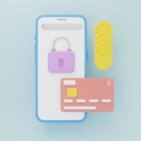 3d rendering ilustración dibujos animados concepto mínimo tarjeta bancaria de transacción segura. pago en línea con teléfono inteligente. tecnología inalámbrica de transacciones en efectivo y almacenamiento de dinero. foto