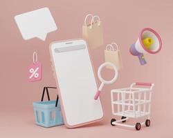 3D rendering illustration Cartoon minimal Smartphone and shopping basket. Online shopping concept. promotion, sale, banner, website, e-commerce concept. photo