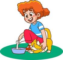 niña dando leche a gatito vector de dibujos animados