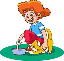 chica dando leche a chica dando leche a gatito cartoon vector