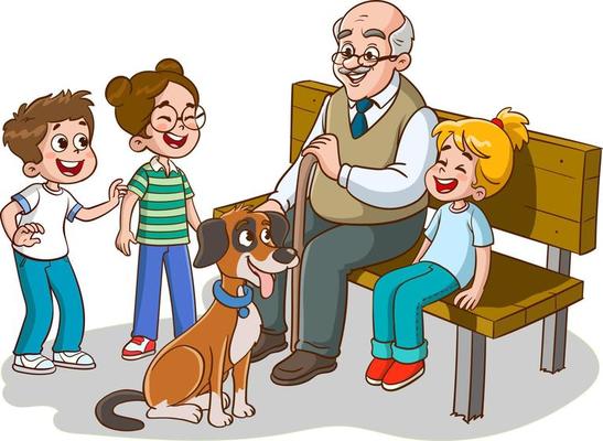 grandparent sitting on bench and grandchild cartoon vector