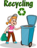 kids throwing garbage in the recycling bin.children polluting the environment cartoon vector