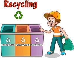 niños tirando basura en la papelera de reciclaje. niños contaminando el medio ambiente vector de dibujos animados