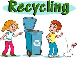 kids throwing garbage in the recycling bin.children polluting the environment cartoon vector