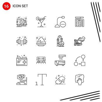 conjunto moderno de 16 contornos y símbolos, como computadoras a escala con mancuernas, calculadora, micrófono, elementos de diseño vectorial editables vector