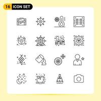 Modern Set of 16 Outlines Pictograph of drain bathroom point temperature flake Editable Vector Design Elements