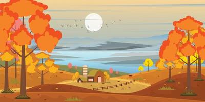 A scenic view in an autumn background, well-defined flat illustration vector