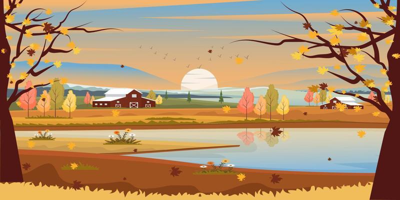 A scenic view in an autumn background, well-defined flat illustration