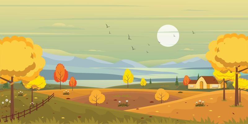 A scenic view in an autumn background, well-defined flat illustration