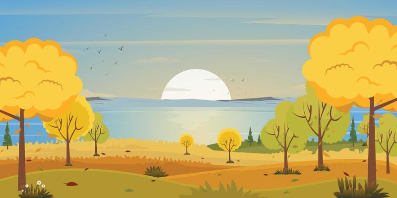 A scenic view in an autumn background, well-defined flat illustration