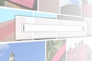 Visualization of the search bar on the background of a collage of many pictures with fragments of various types of roofing. Set of images with roofs photo