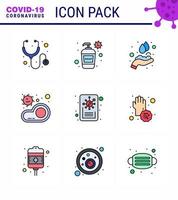 Covid19 icon set for infographic 9 Filled Line Flat Color pack such as report virus hands transmission food viral coronavirus 2019nov disease Vector Design Elements