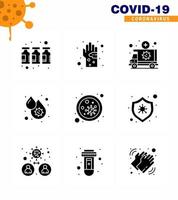 Coronavirus Precaution Tips icon for healthcare guidelines presentation 9 Solid Glyph Black icon pack such as dengue blood hygiene vehicle medical viral coronavirus 2019nov disease Vector Design