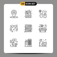 Mobile Interface Outline Set of 9 Pictograms of library books click speed page Editable Vector Design Elements