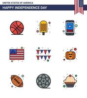 Pack of 9 USA Independence Day Celebration Flat Filled Lines Signs and 4th July Symbols such as paper festival star usa country Editable USA Day Vector Design Elements