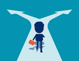 Man running on crossroads. Choice and Direction concept. Cute business cartoon in vector design.